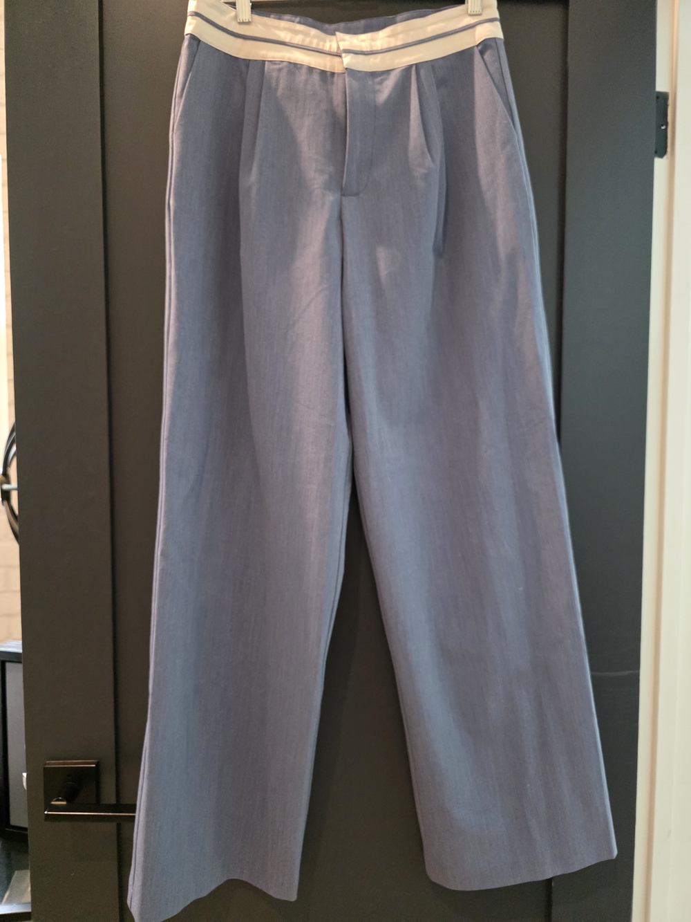 Wayf Light Blue Wide-Leg Trousers with Cream Contrast Waistband